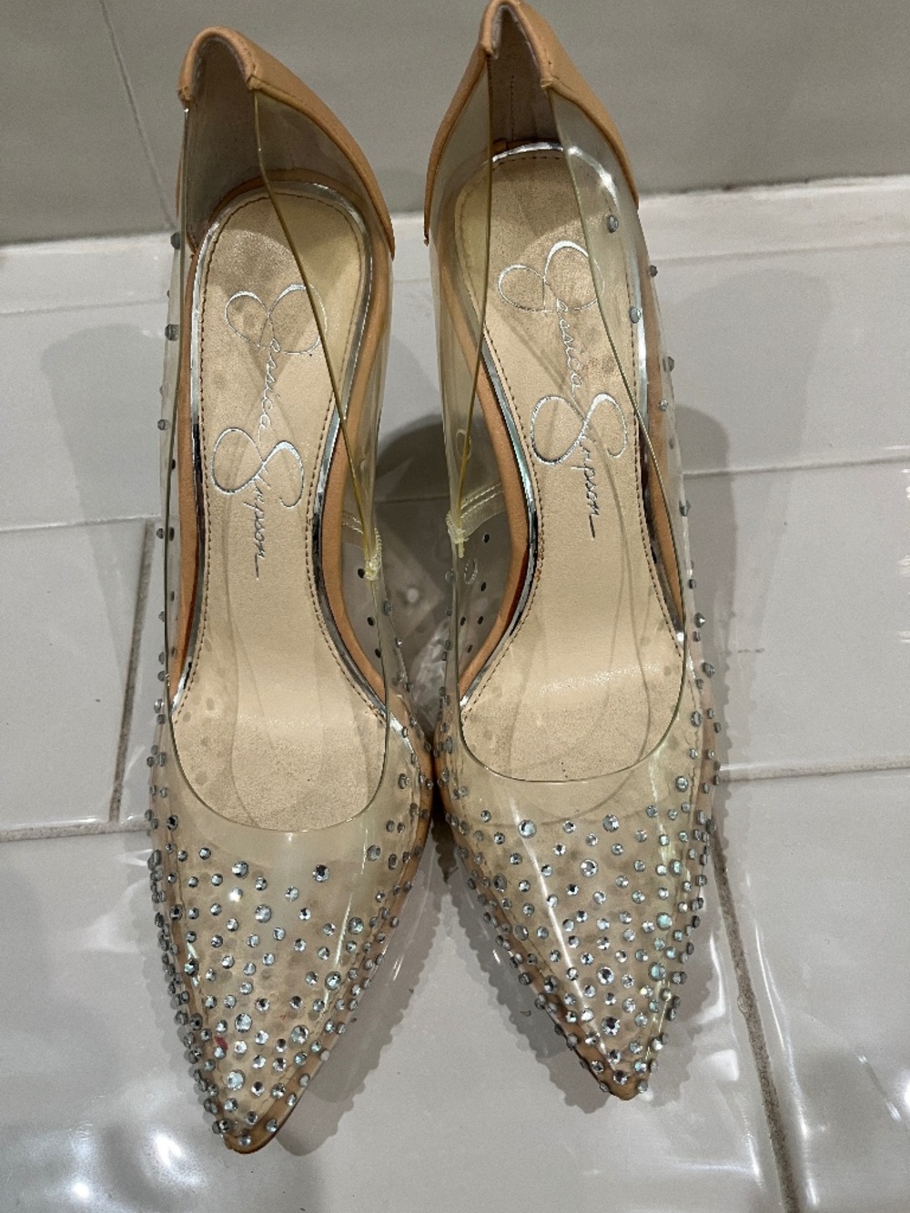 Jessica Simpson clear/tan jeweled heels size 6